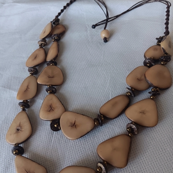 Artisanal Handcrafted Tagua Nut Necklace, Bronze Beads,Coco Shells, Ecuador - Picture 4 of 6